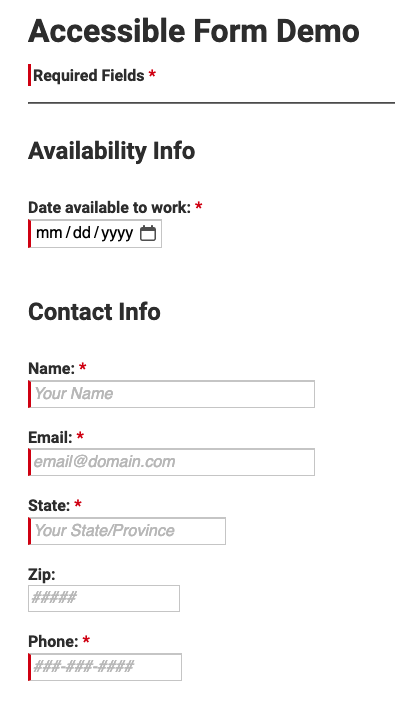 Accessible form demo showing red straight bars with red asterisks that all indicate required field. Labels are persistent with placeholder text. One field lacks the required indicators as it is optional.