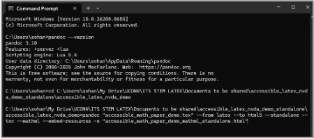 A screenshot of the Windows command prompt for the conversion using Pandoc.